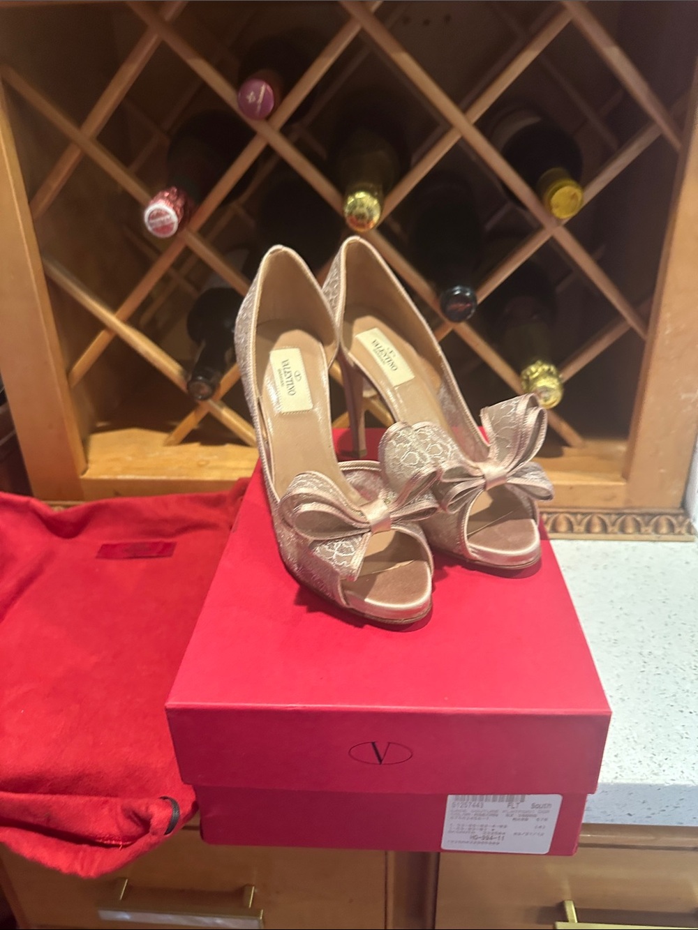 Valentino Blush Lace Bow Peep-Toe Heels